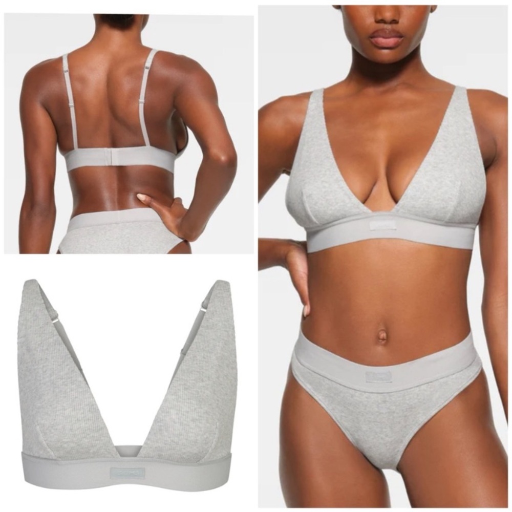 SKIMS Cotton Plunge Bralette in Light Heather Grey NWT